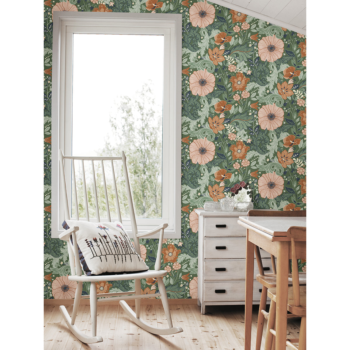 Victoria Green Floral Nouveau Wallpaper - Brewster Wallcovering