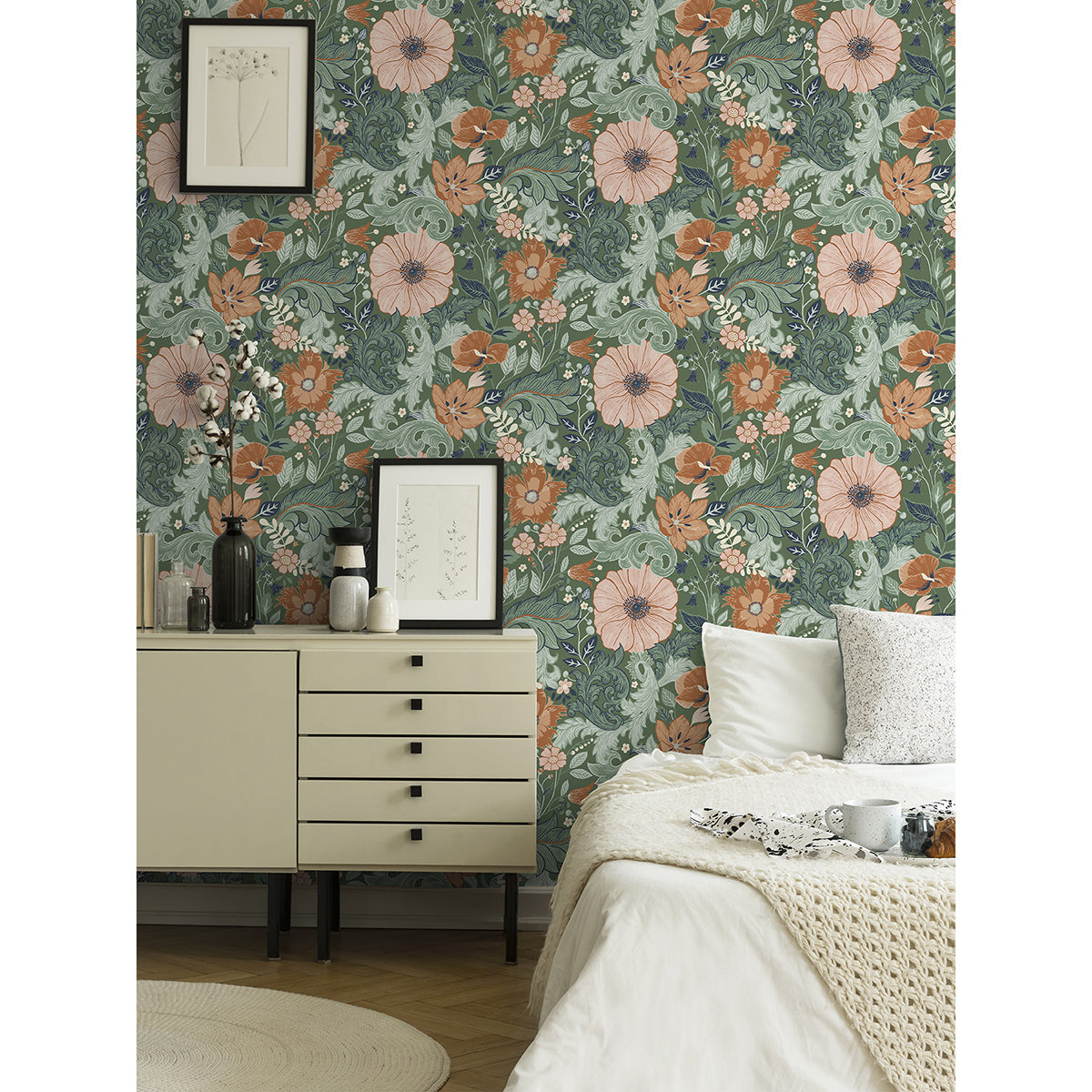 Victoria Green Floral Nouveau Wallpaper - Brewster Wallcovering