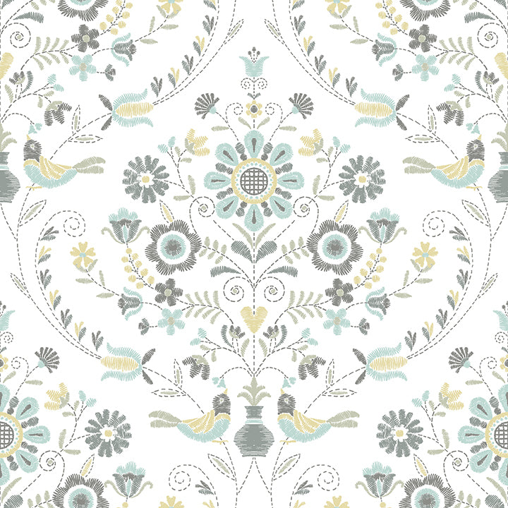 Picture of Britt Sea Green Embroidered Damask Wallpaper