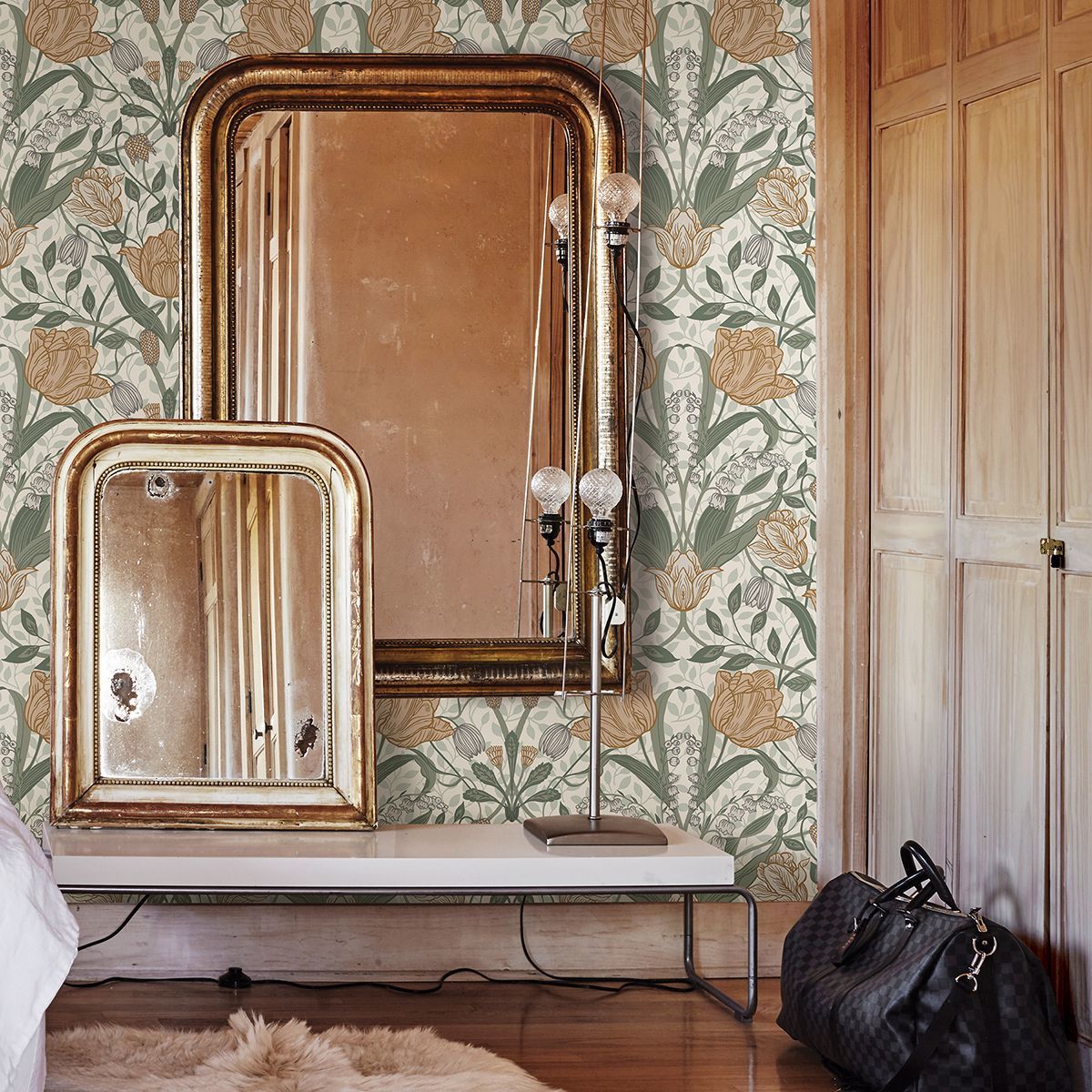 Tulipa Green Floral Wallpaper - Brewster Wallcovering