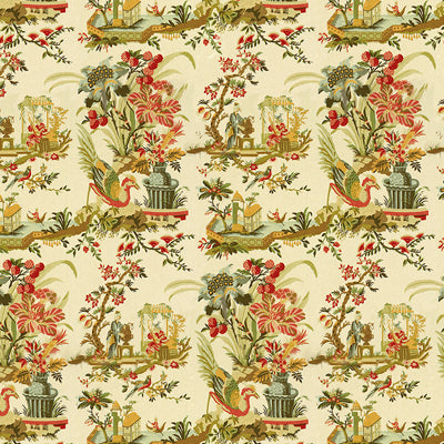 br-71163a0-le-lac-linen-print-teal-and-melon-on-cream-brunschwig-fils - BRUNSCHWIG & FILS Fabric